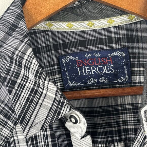 English Hero Men’s Large Shirt Eminence Black Button Up Geometric Cuff Pocket - Picture 5 of 11